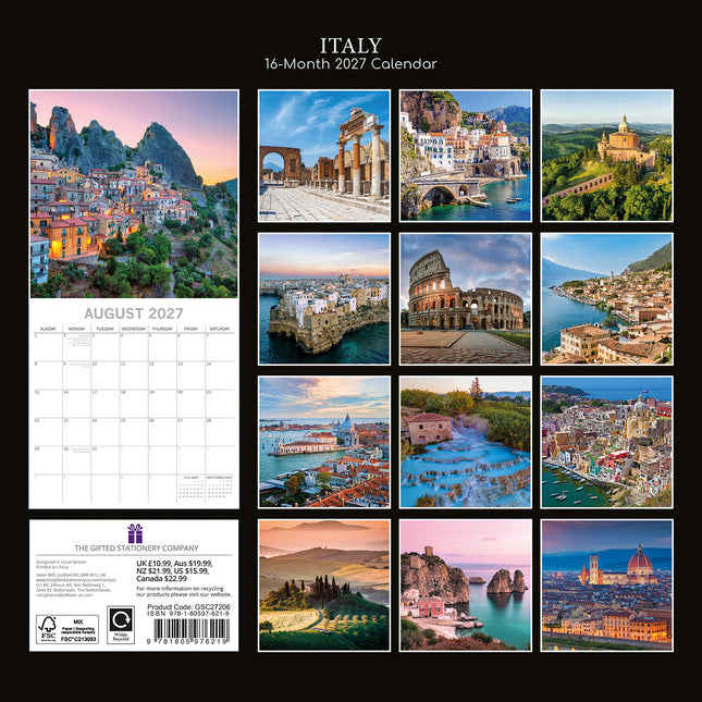 Italy 2027 Premium Square Wall Calendar back cover