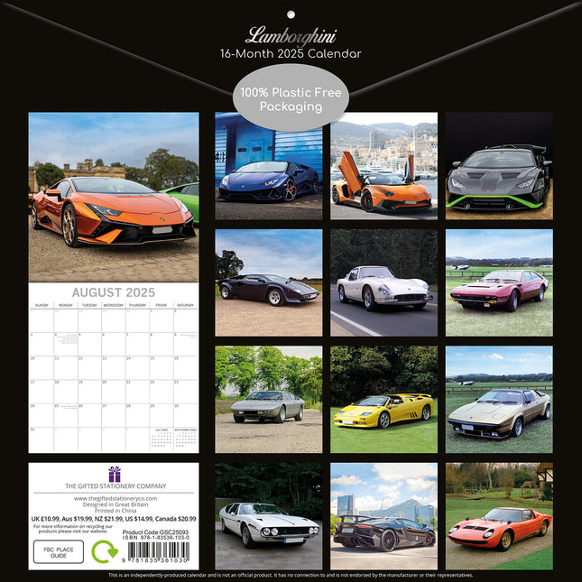 Lamborghini 2025 Square Wall Calendar 16 Months Christmas New Year Planner Gift