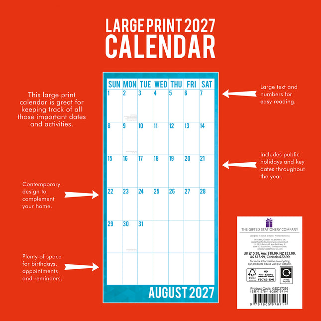 Large Print Calendar 2027 Premium Square Wall Calendar back cover