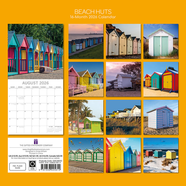 Beach Huts - 2026 Square Wall Calendar 16 Months Planner Christmas New Year Gift