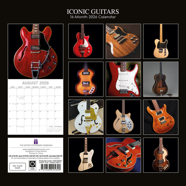 Iconic Guitars - 2026 Square Wall Calendar 16 Months Planner Xmas New Year Gift