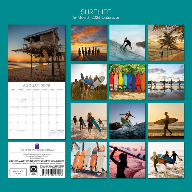Surf Life - 2026 Square Wall Calendar 16 Months Planner Christmas New Year Gift
