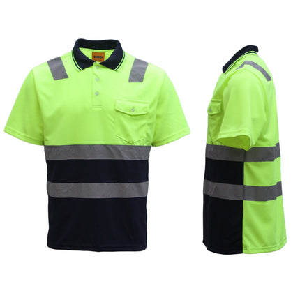 HI VIS Short Sleeve Workwear Shirt w Reflective Tape Cool Dry Safety Polo 2 Tone - Fluoro Yellow / Navy