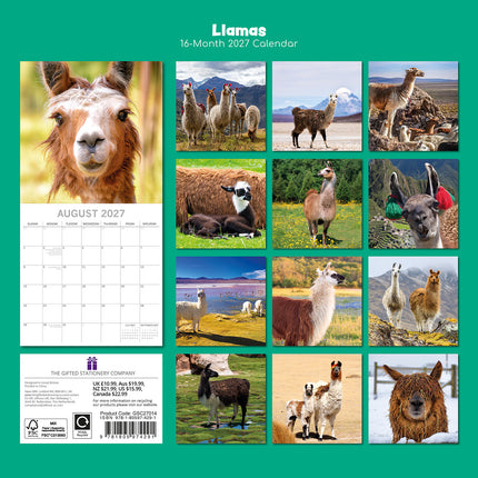 Llamas 2027 Premium Square Wall Calendar back cover