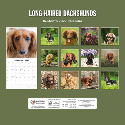 Long-haired Dachshunds 2027 square wall calendar - back cover