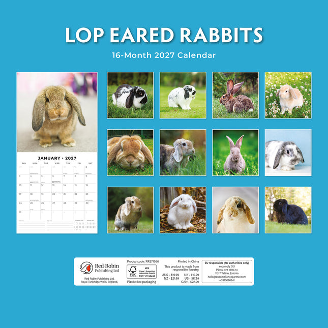 Long Eared Rabbits 2027 square wall calendar - back cover