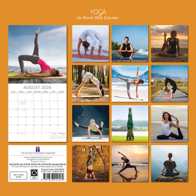 Yoga - 2026 Square Wall Calendar 16 Months Home Planner Christmas New Year Gift