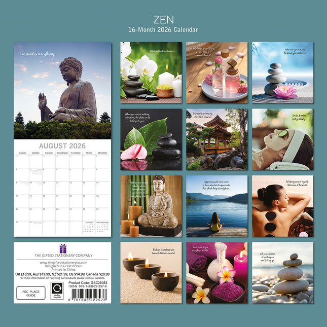 Zen - 2026 Square Wall Calendar 16 Months Home Relax Planner Xmas New Year Gift