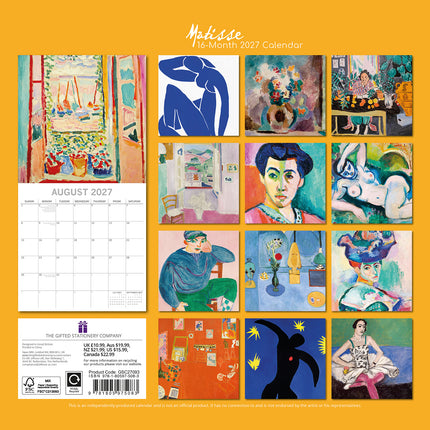 Matisse 2027 Premium Square Wall Calendar back cover