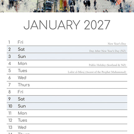 Monet 2027 Premium Slim Wall Calendar January sample page