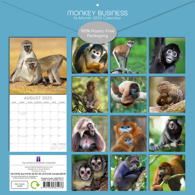 Monkey Business 2025 Square Wall Calendar Animals 16 Months Premium Planner Gift