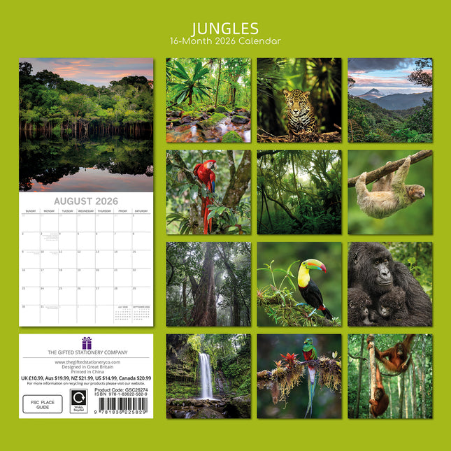 Jungles - 2026 Square Wall Calendar 16 Month World & Travel Premium Planner Gift