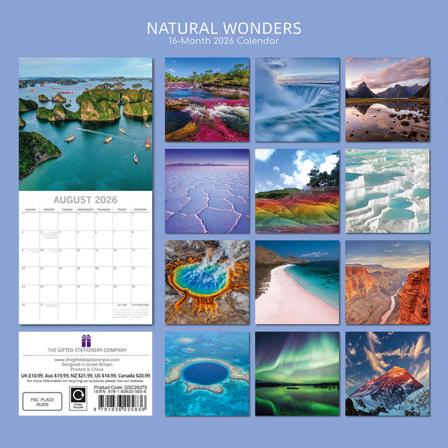 Natural Wonders - 2026 Square Wall Calendar 16 Month World & Travel Planner Gift