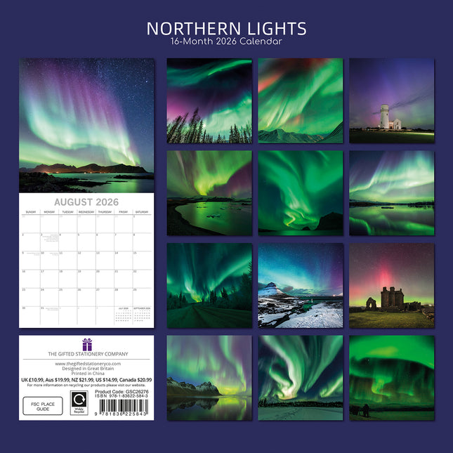 Northern Lights 2026 Square Wall Calendar 16 Months World & Travel Planner Gift