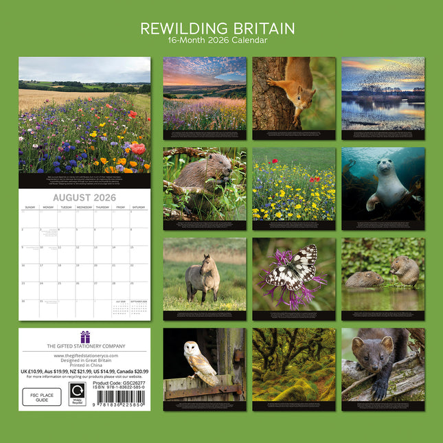 Rewilding Britain 2026 Square Wall Calendar 16 Month World & Travel Planner Gift