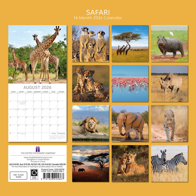 Safari - 2026 Square Wall Calendar 16 Months World & Travel Premium Planner Gift