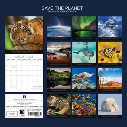 Save the Planet 2026 Square Wall Calendar 16 Months World & Travel Planner Gift