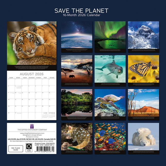 Save the Planet 2026 Square Wall Calendar 16 Months World & Travel Planner Gift