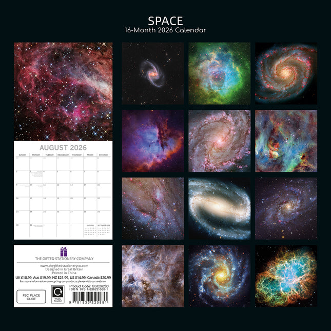 Space - 2026 Square Wall Calendar 16 Months World & Travel Premium Planner Gift