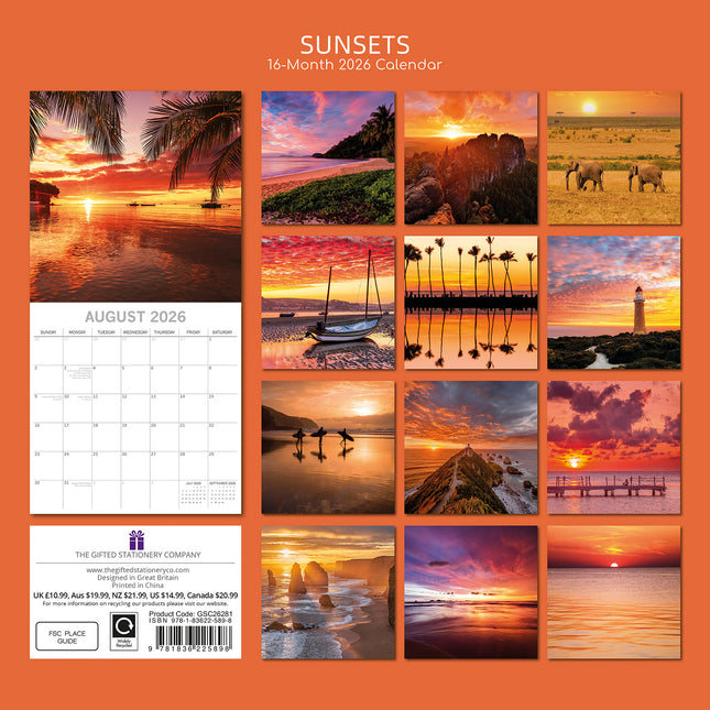 Sunsets - 2026 Square Wall Calendar 16 Month World & Travel Premium Planner Gift