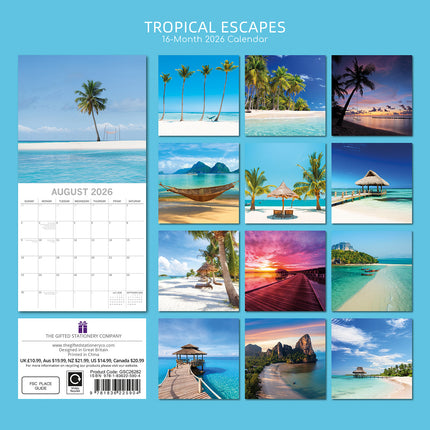 Tropical Escapes 2026 Square Wall Calendar 16 Months World & Travel Planner Gift