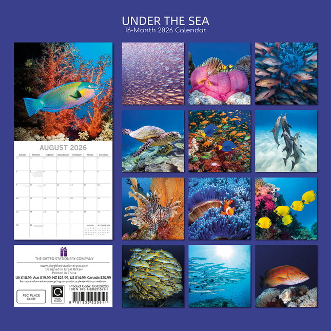 Under the Sea - 2026 Square Wall Calendar 16 Months World & Travel Planner Gift