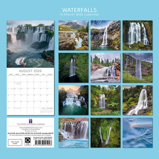 Waterfalls - 2026 Square Wall Calendar 16 Months World & Travel Premium Planner