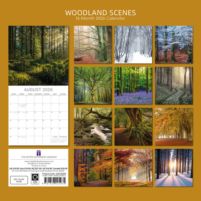 Woodland Scenes 2026 Square Wall Calendar 16 Months World & Travel Planner Gift