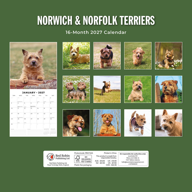 Norwich & Norfolk Terriers 2027 square wall calendar - back cover