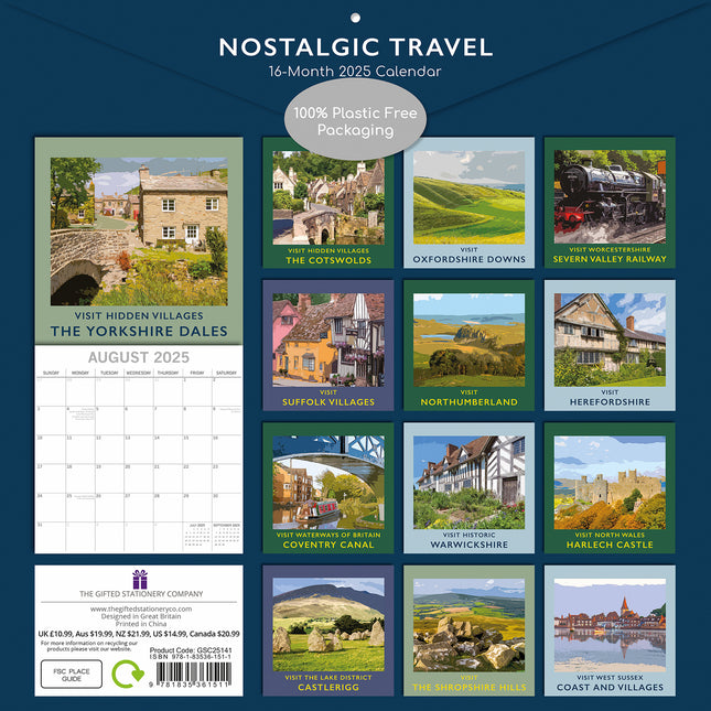 Nostalgic Travel - 2025 Square Wall Calendar Arts 16 Months Premium Planner Gift