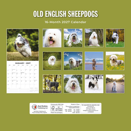 Old English Sheepdogs 2027 square wall calendar - back cover