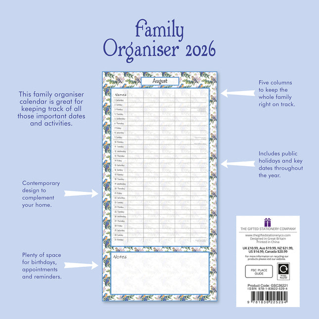 Birdsong Family Organiser 2026 Square Wall Calendar 16 Month Home School Planner
