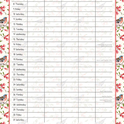 Birdsong Family Organiser 2026 Square Wall Calendar 16 Month Home School Planner