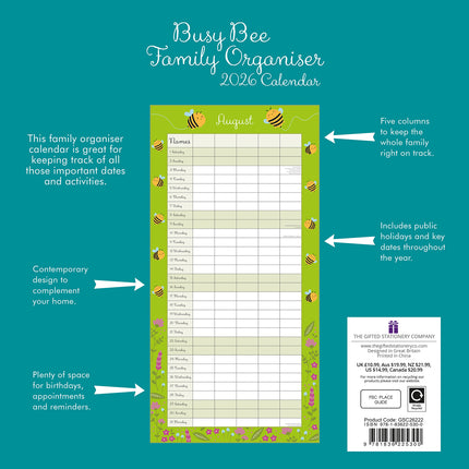 Busy Bee Family Organiser 2026 Square Wall Calendar 16 Month Home School Planner