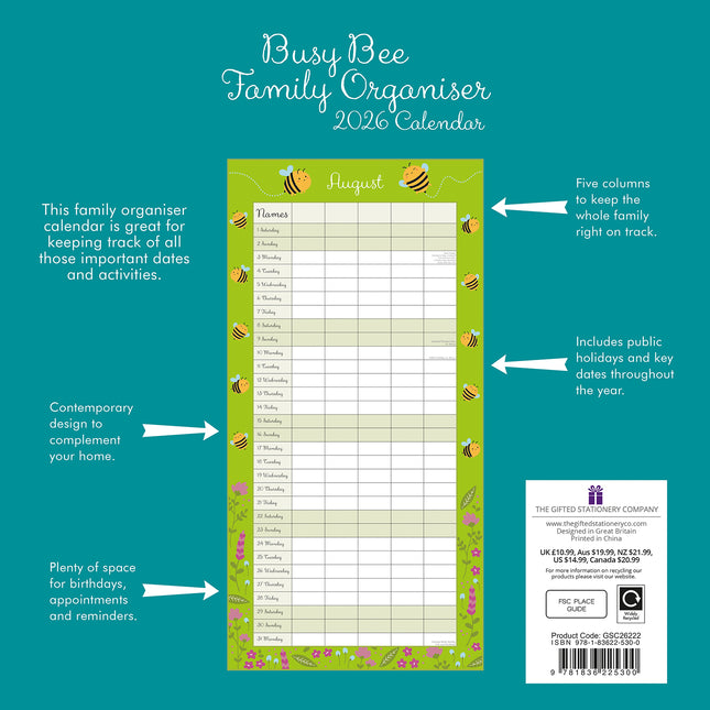 Busy Bee Family Organiser 2026 Square Wall Calendar 16 Month Home School Planner
