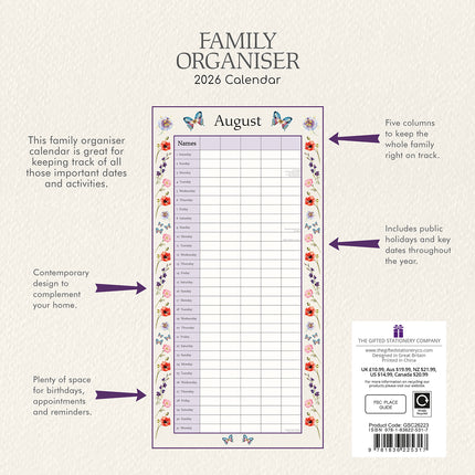 Floral Family Organiser 2026 Square Wall Calendar 16 Month Flower School Planner
