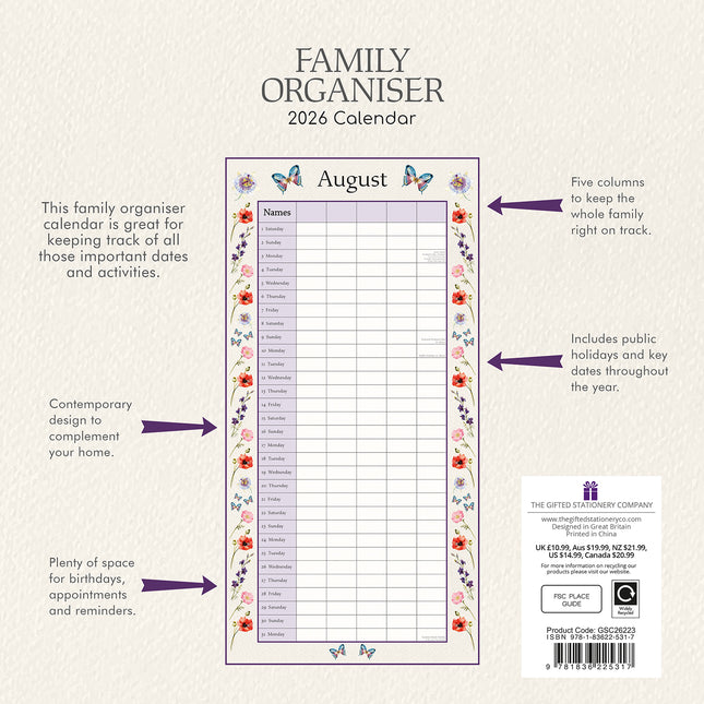 Floral Family Organiser 2026 Square Wall Calendar 16 Month Flower School Planner