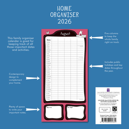 Home Organiser - 2026 Square Wall Calendar 16 Months School Kids Family Planner