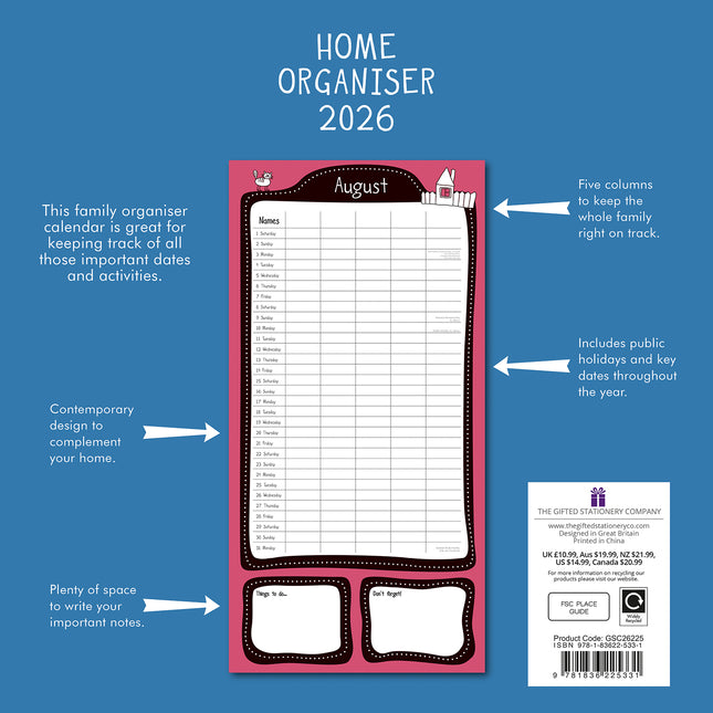 Home Organiser - 2026 Square Wall Calendar 16 Months School Kids Family Planner