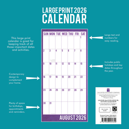 Large Print Calendar - 2026 Square Wall Calendar 16 Months School Family Planner