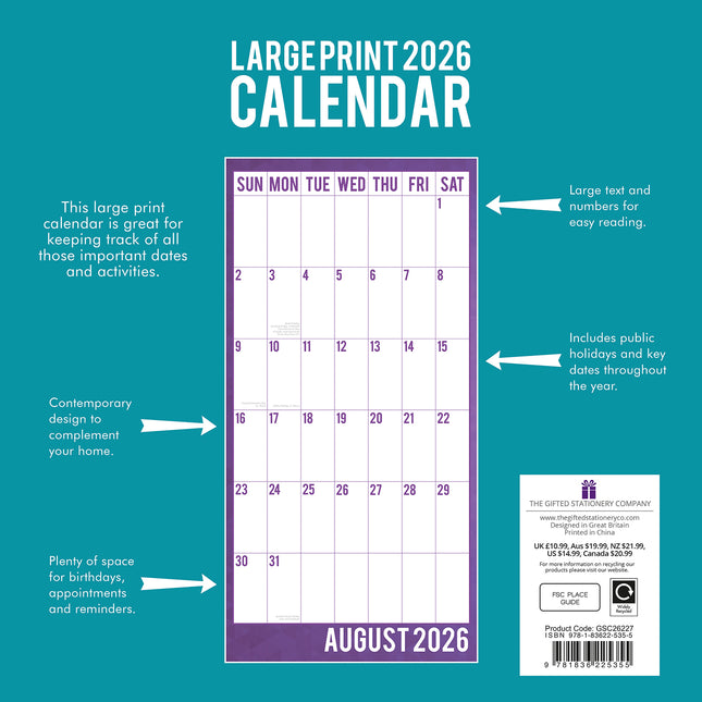 Large Print Calendar - 2026 Square Wall Calendar 16 Months School Family Planner