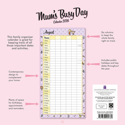 Mum's Busy Day - 2026 Square Wall Calendar 16 Months Kids School Home Planner