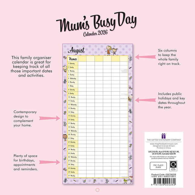 Mum's Busy Day - 2026 Square Wall Calendar 16 Months Kids School Home Planner
