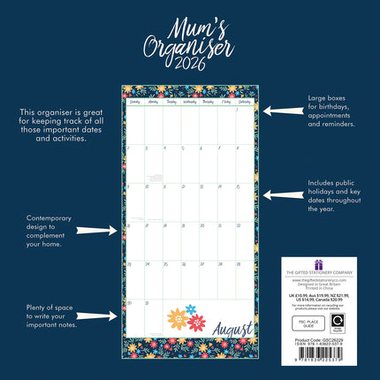 Mum's Organiser - 2026 Square Wall Calendar 16 Months Kids School Family Planner