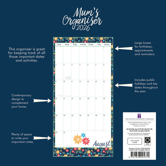 Mum's Organiser - 2026 Square Wall Calendar 16 Months Kids School Family Planner