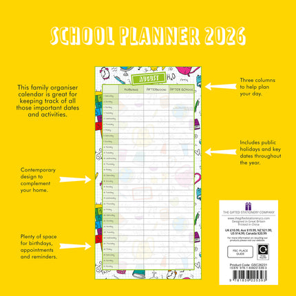 School Planner - 2026 Square Wall Calendar 16 Months Kids Student Family Planner