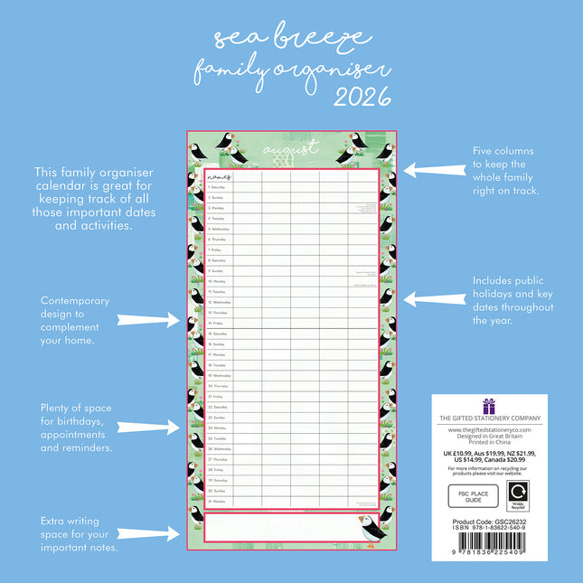Sea Breeze Family Organiser - 2026 Square Wall Calendar 16 Months School Planner