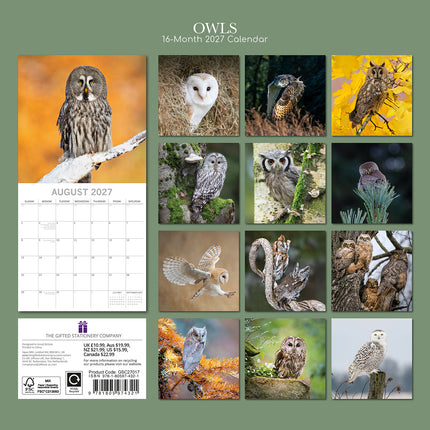 Owls 2027 Premium Square Wall Calendar back cover