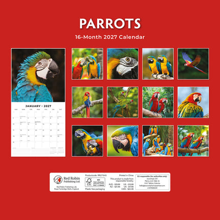 Parrots 2027 square wall calendar - back cover