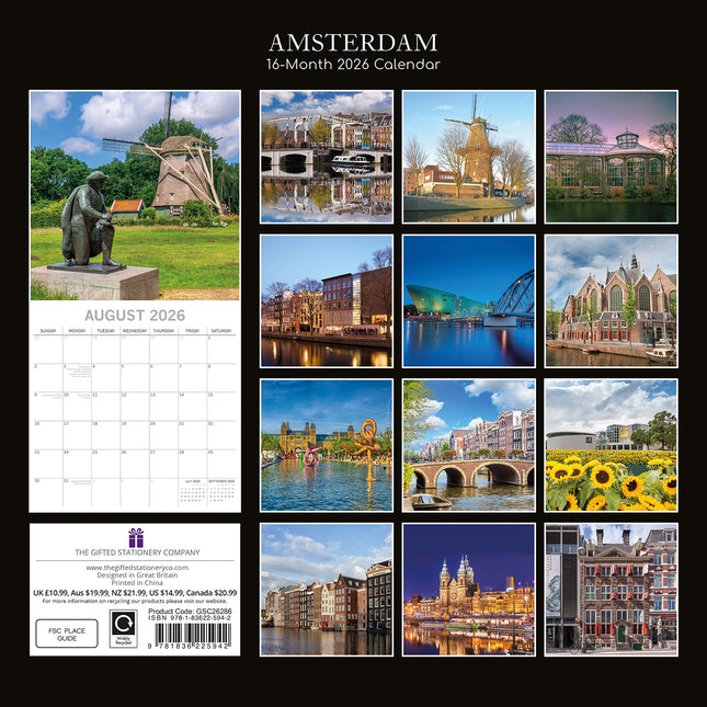 Amsterdam 2026 Square Wall Calendar 16 Month World & Travel Premium Planner Gift